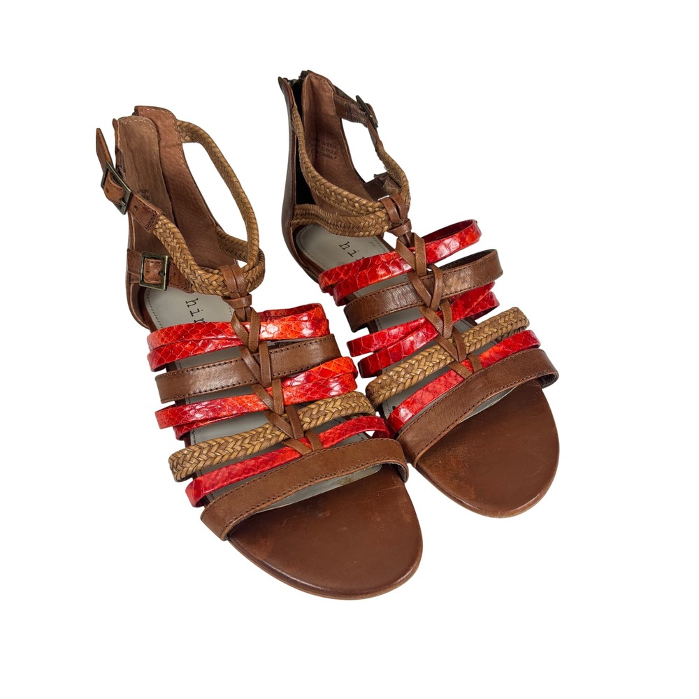 Anthropologie Hinge Gladiator Sandals Brown Red Snakeskin Strappy Braid Boho 6.5